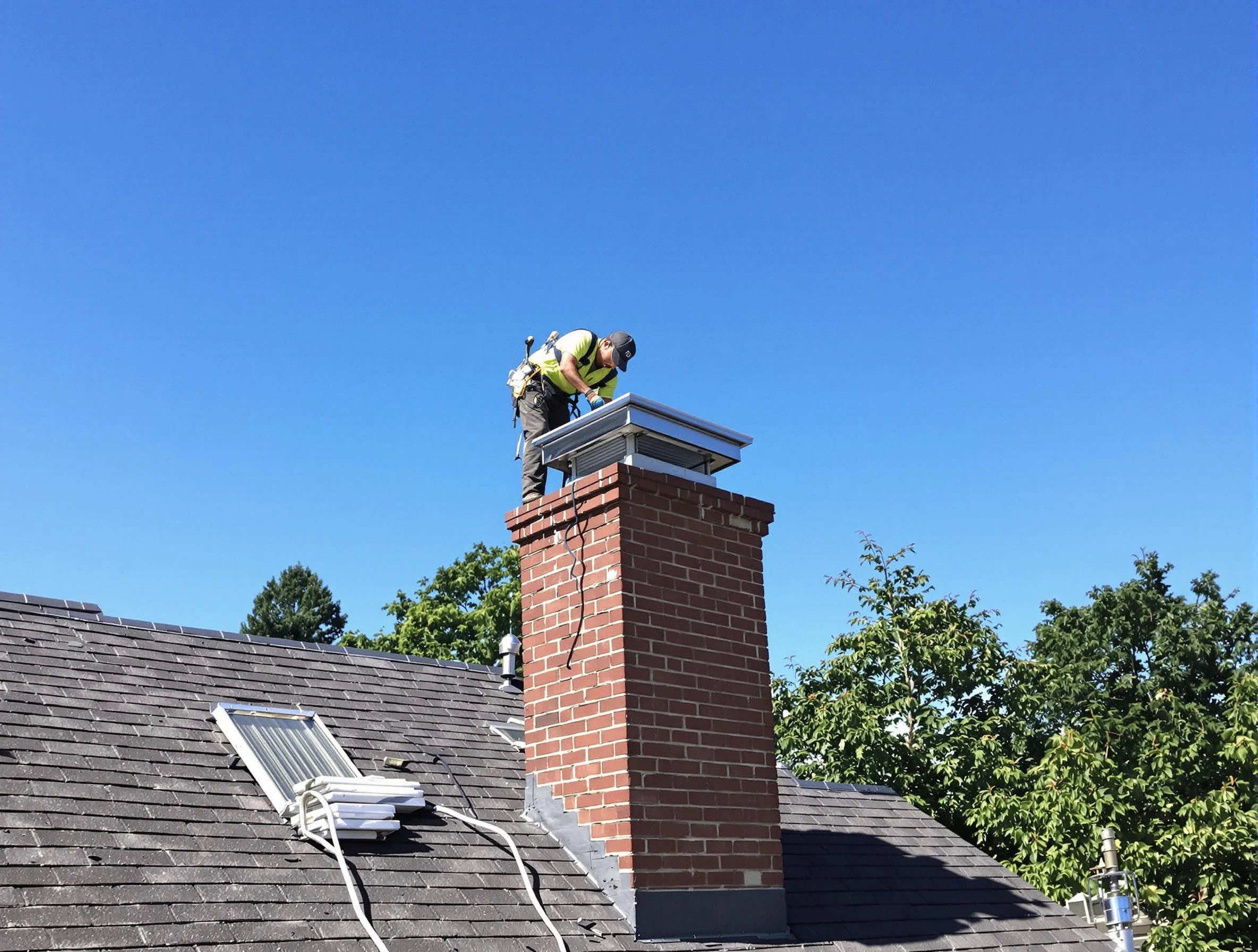Englewood Chimney Sweep technician measuring a chimney cap in Englewood, NJ