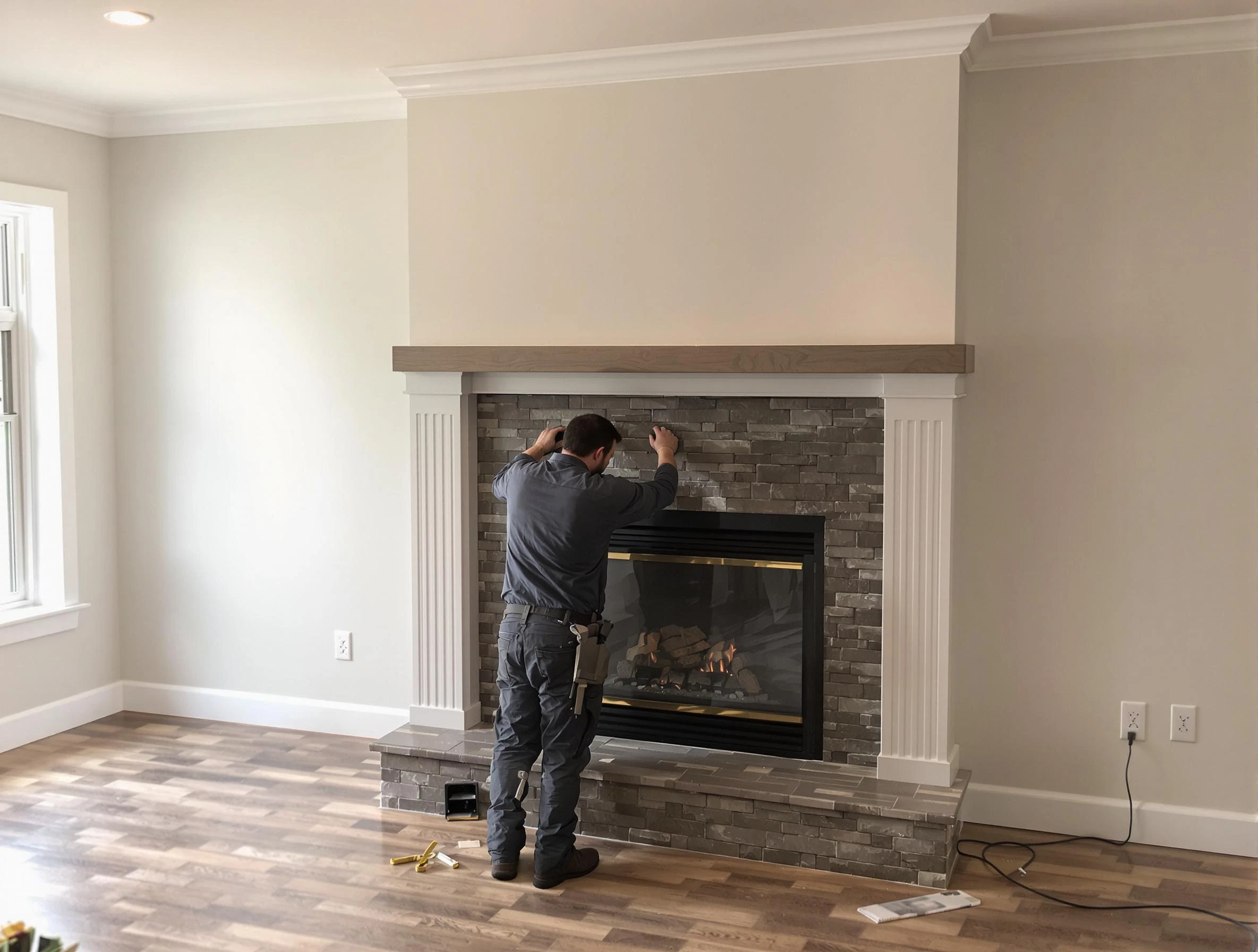 Englewood Chimney Sweep finishing a custom fireplace install in Englewood, NJ